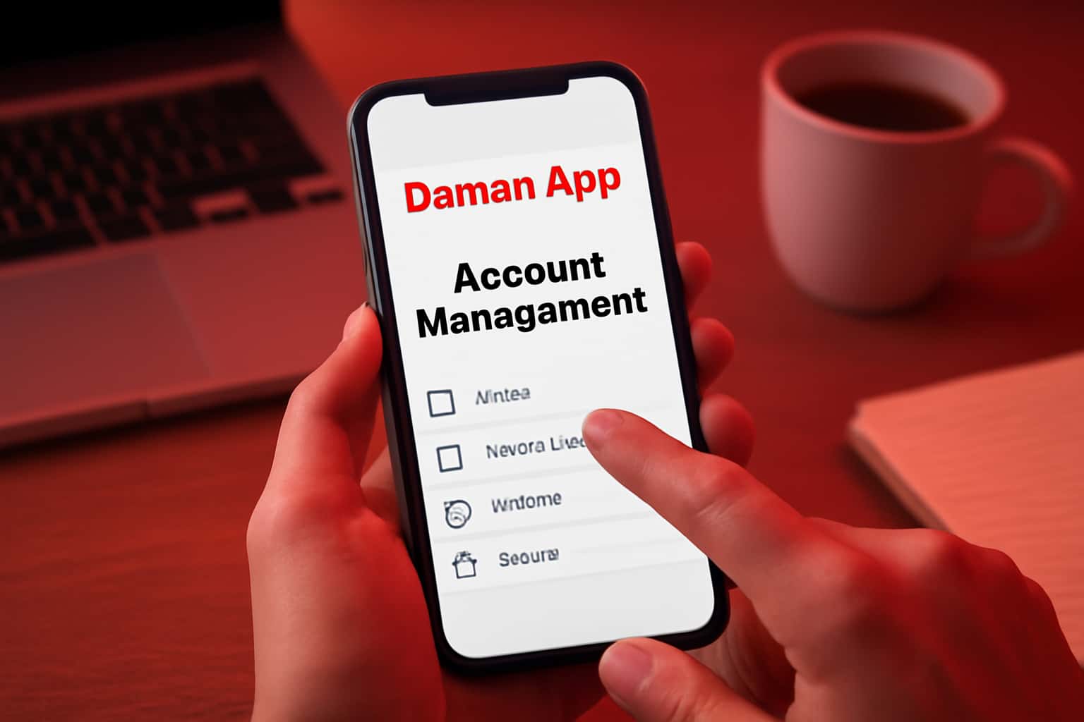 An informative scene depicting account management features in the Daman App, highlighting security and support.