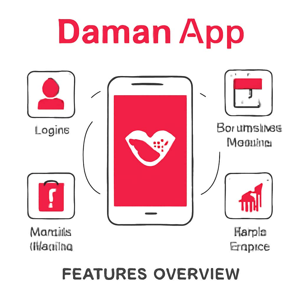 A diagram illustrating the features of the Daman App.