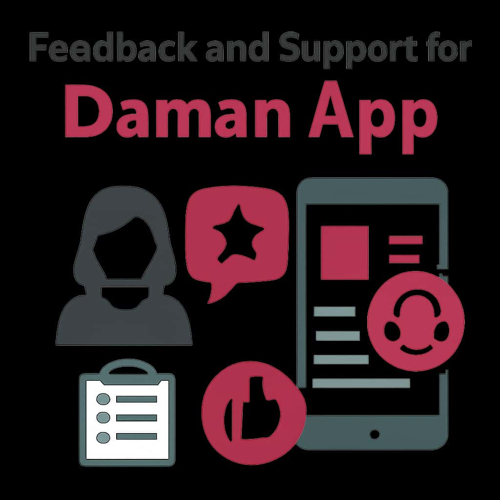 Diagram explaining feedback and support options for the Daman App.