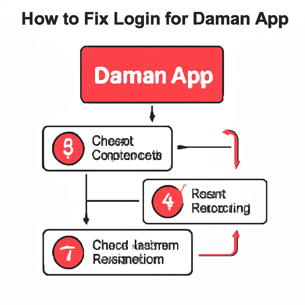 A diagram explaining login troubleshooting for Daman App.
