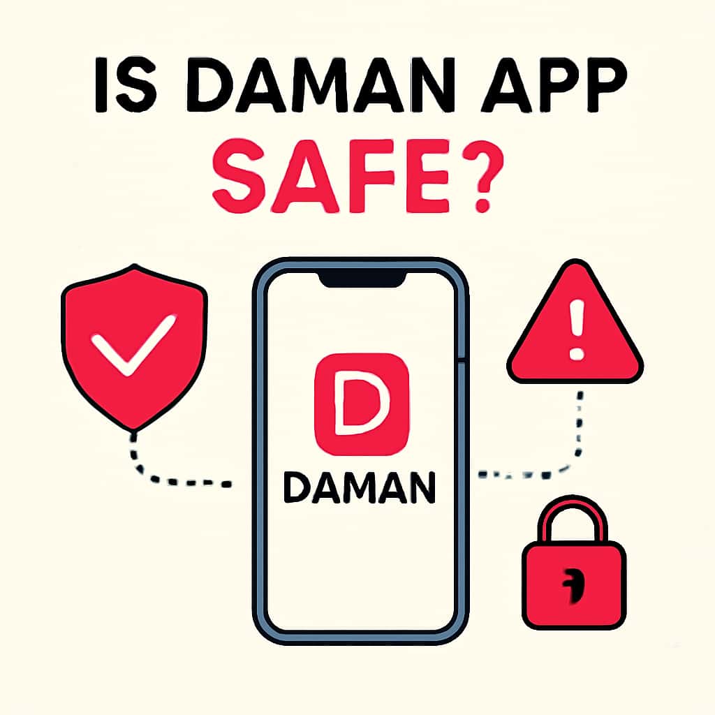 Illustration showing key safety features of the Daman App.